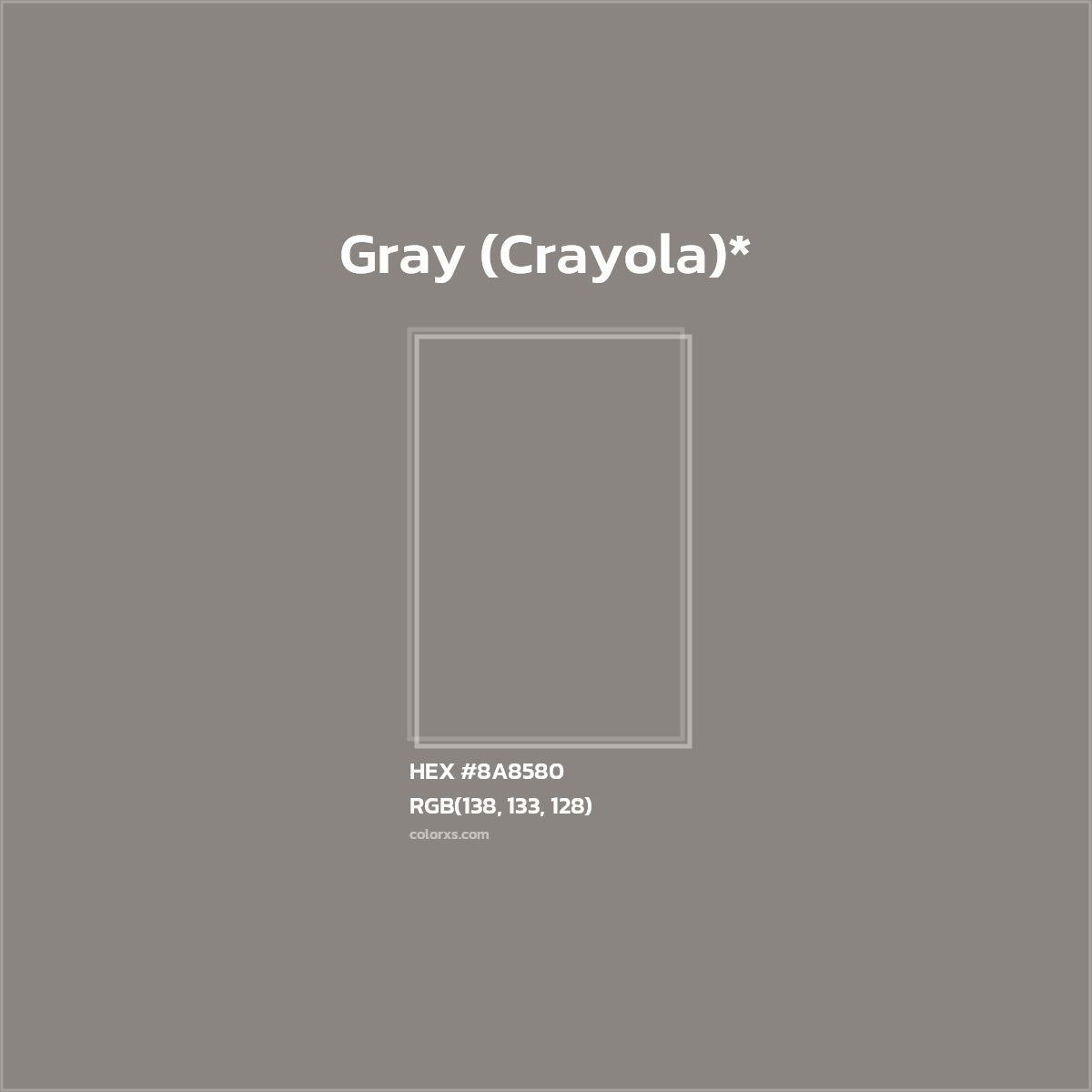 #8A8580 hex color. RGB, RYB, CMYK, HSL, HSV codes and color conversions. Matching color names, palettes, paints.