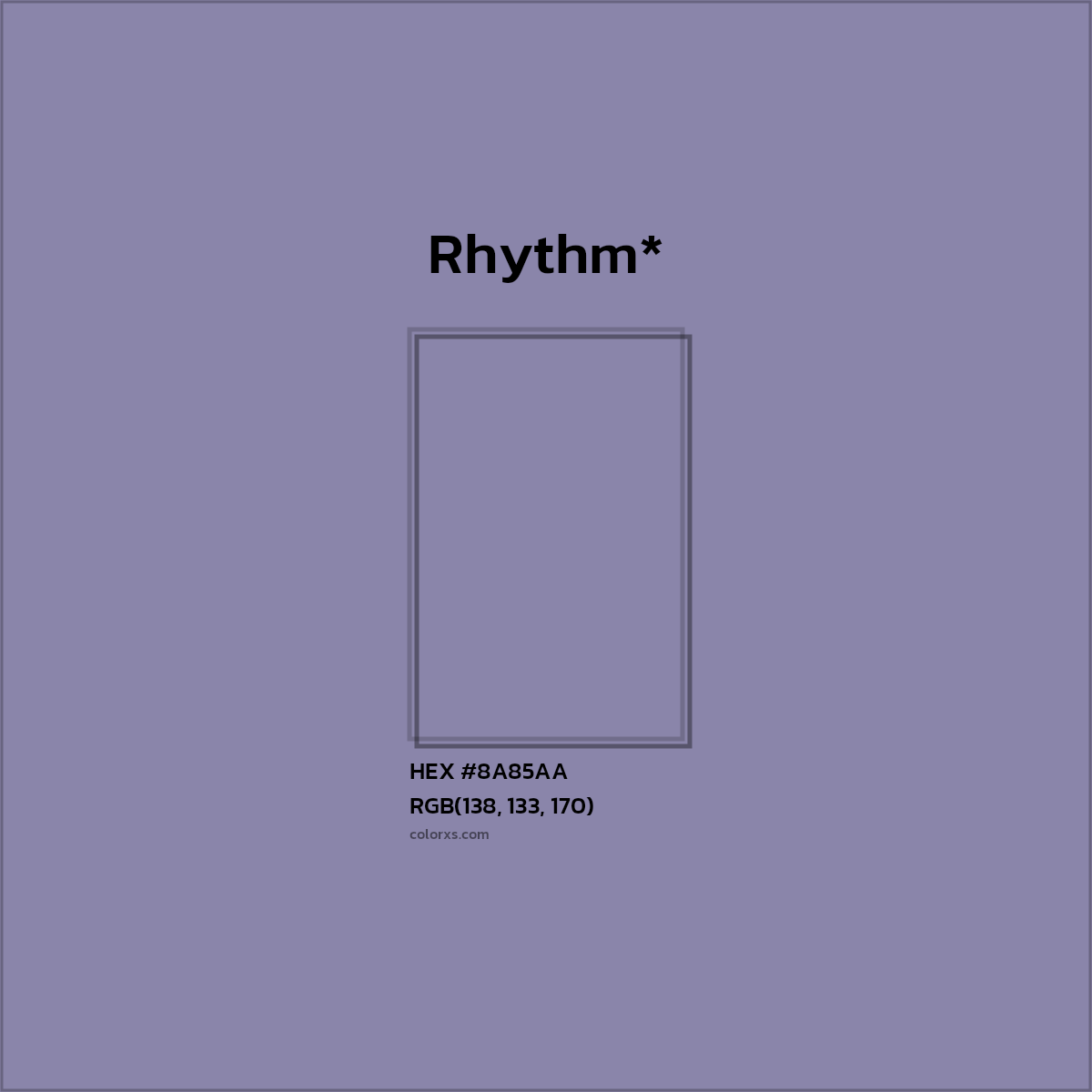 #8A85AA hex color. RGB, RYB, CMYK, HSL, HSV codes and color conversions. Matching color names, palettes, paints.