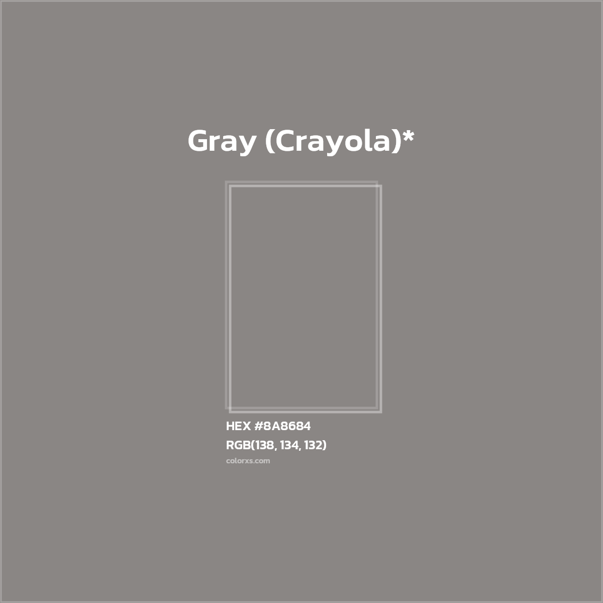 #8A8684 hex color. RGB, RYB, CMYK, HSL, HSV codes and color conversions. Matching color names, palettes, paints.