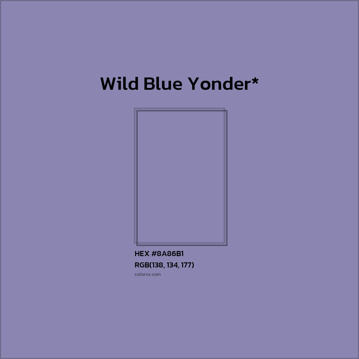 #8A86B1 hex color. RGB, RYB, CMYK, HSL, HSV codes and color conversions. Matching color names, palettes, paints.