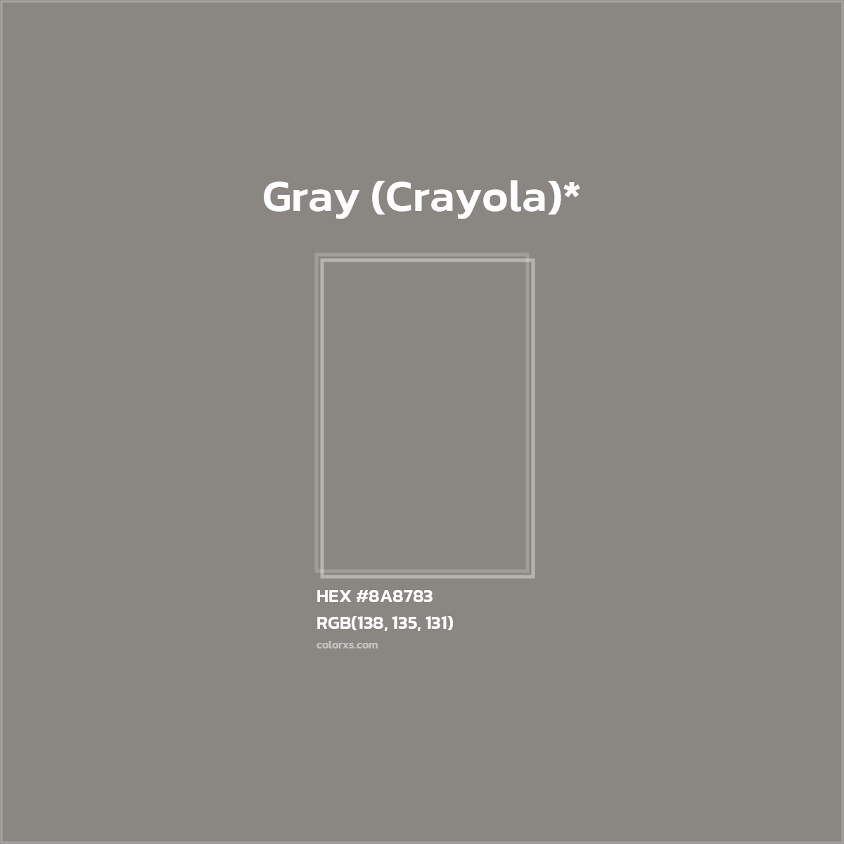#8A8783 hex color. RGB, RYB, CMYK, HSL, HSV codes and color conversions. Matching color names, palettes, paints.