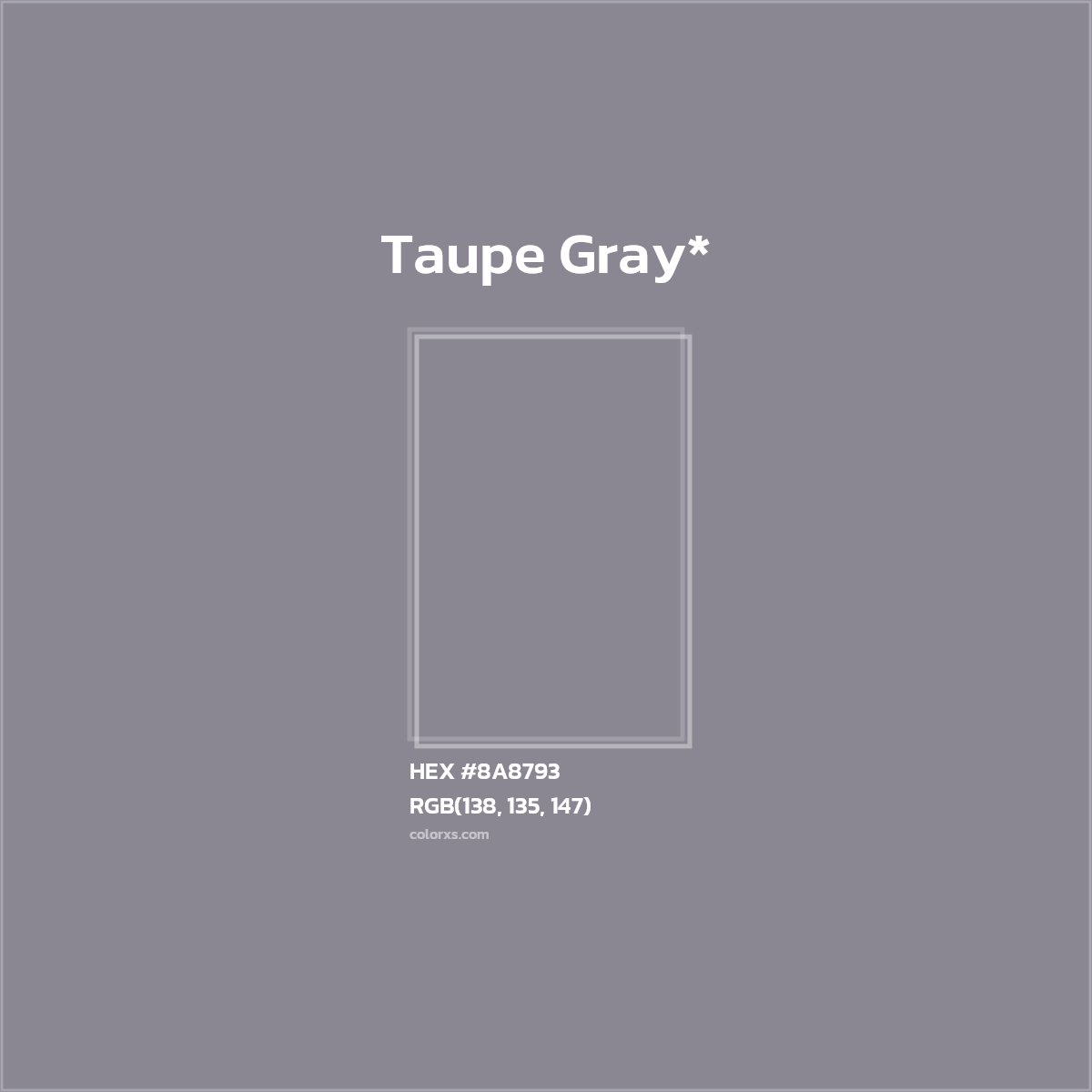 #8A8793 hex color. RGB, RYB, CMYK, HSL, HSV codes and color conversions. Matching color names, palettes, paints.