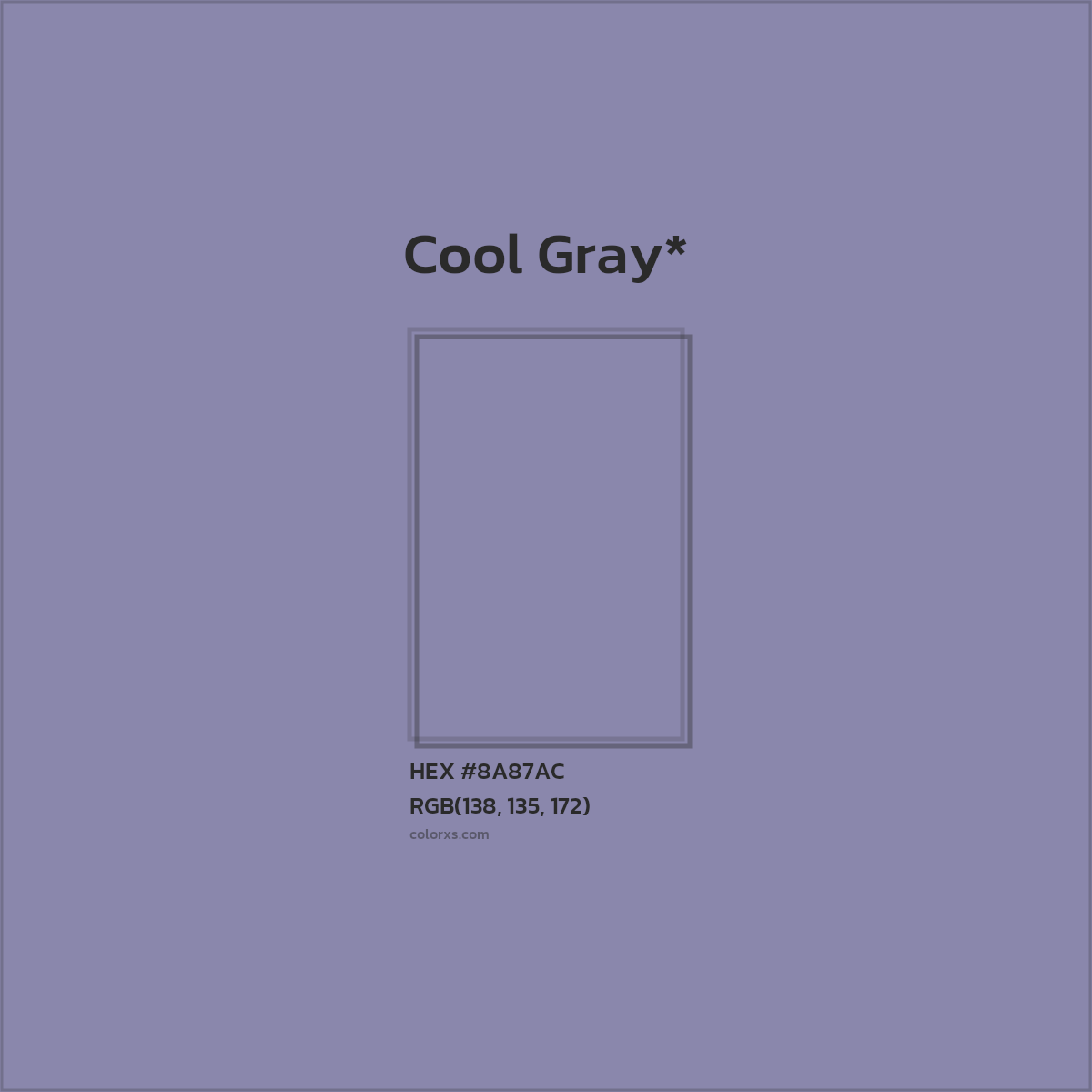 #8A87AC hex color. RGB, RYB, CMYK, HSL, HSV codes and color conversions. Matching color names, palettes, paints.