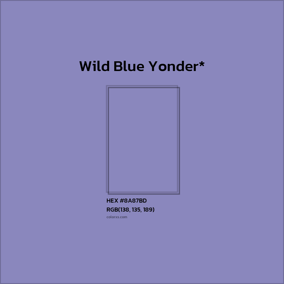 #8A87BD hex color. RGB, RYB, CMYK, HSL, HSV codes and color conversions. Matching color names, palettes, paints.