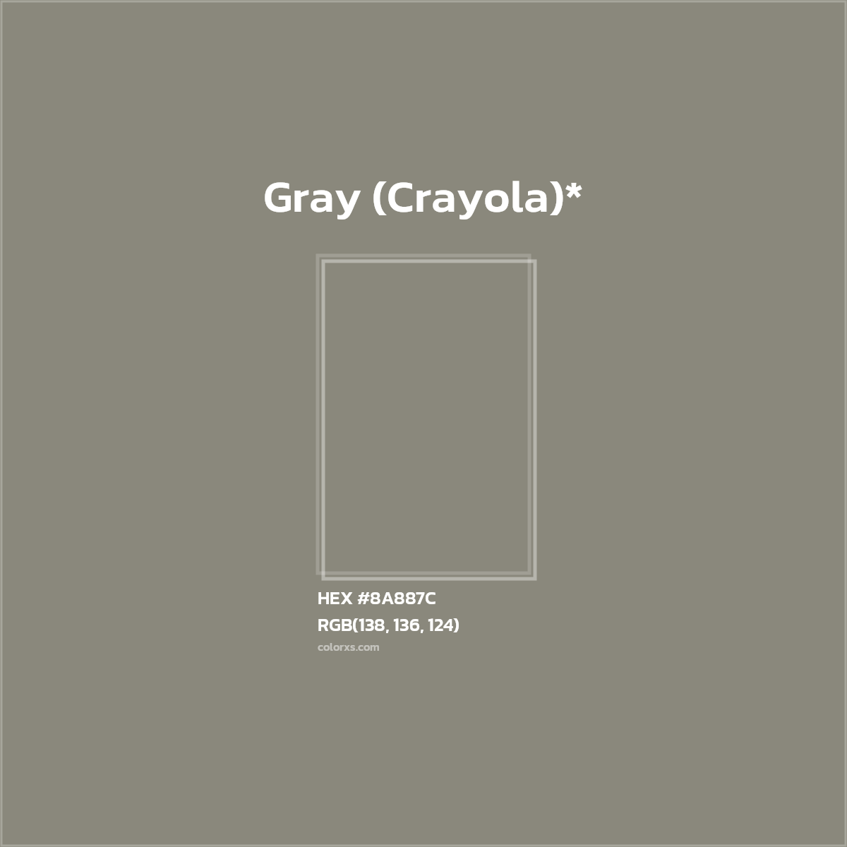 #8A887C hex color. RGB, RYB, CMYK, HSL, HSV codes and color conversions. Matching color names, palettes, paints.