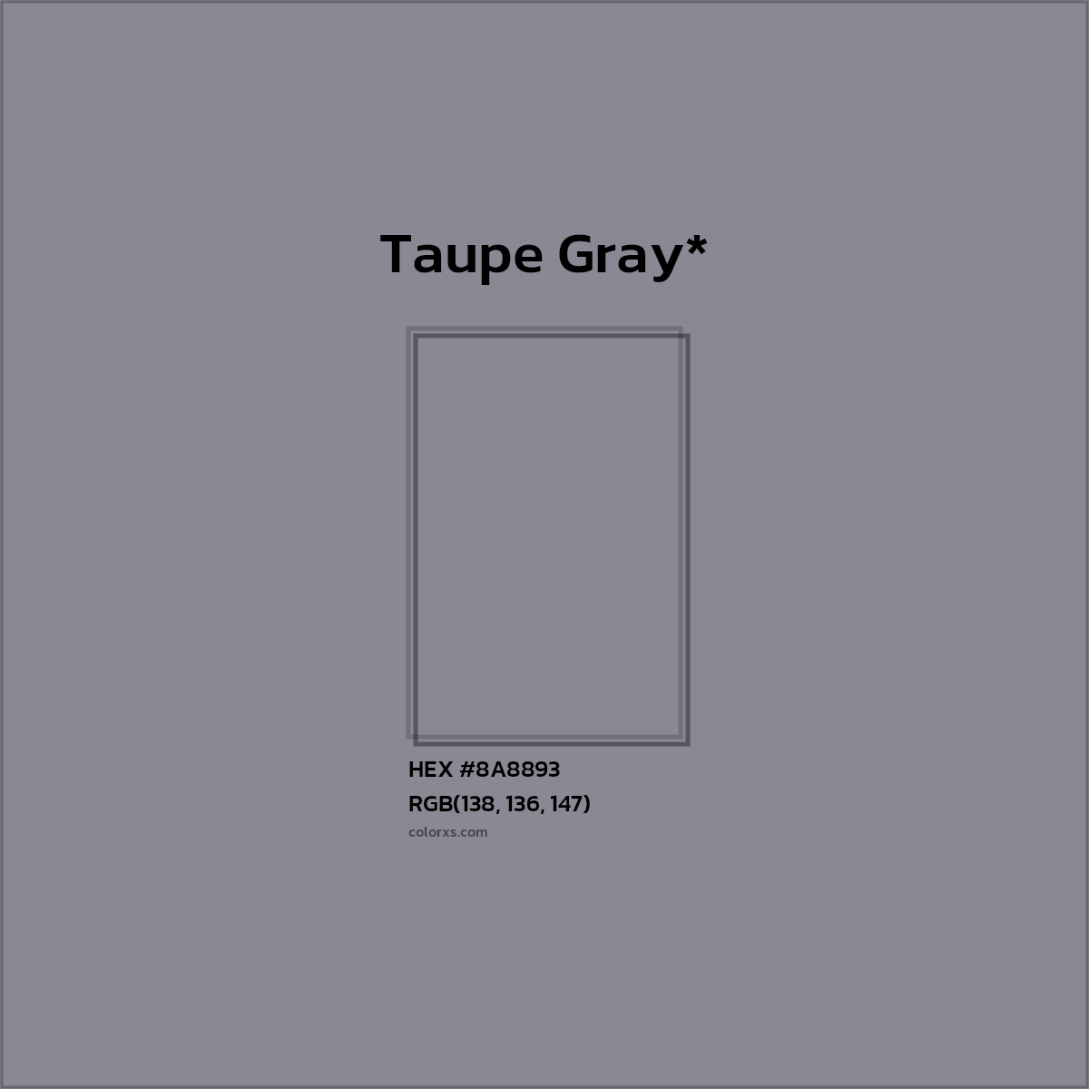 #8A8893 hex color. RGB, RYB, CMYK, HSL, HSV codes and color conversions. Matching color names, palettes, paints.