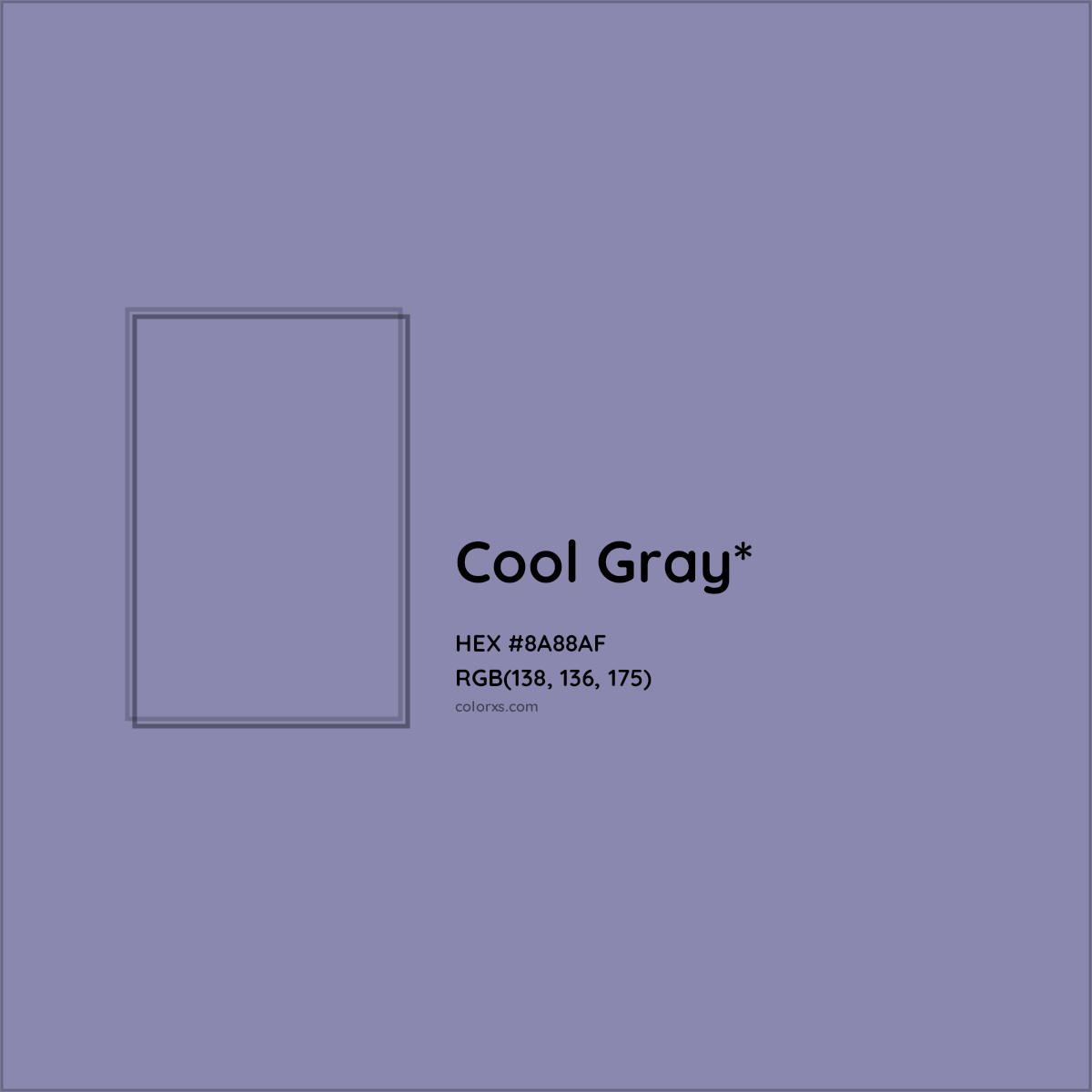 #8A88AF hex color. RGB, RYB, CMYK, HSL, HSV codes and color conversions. Matching color names, palettes, paints.