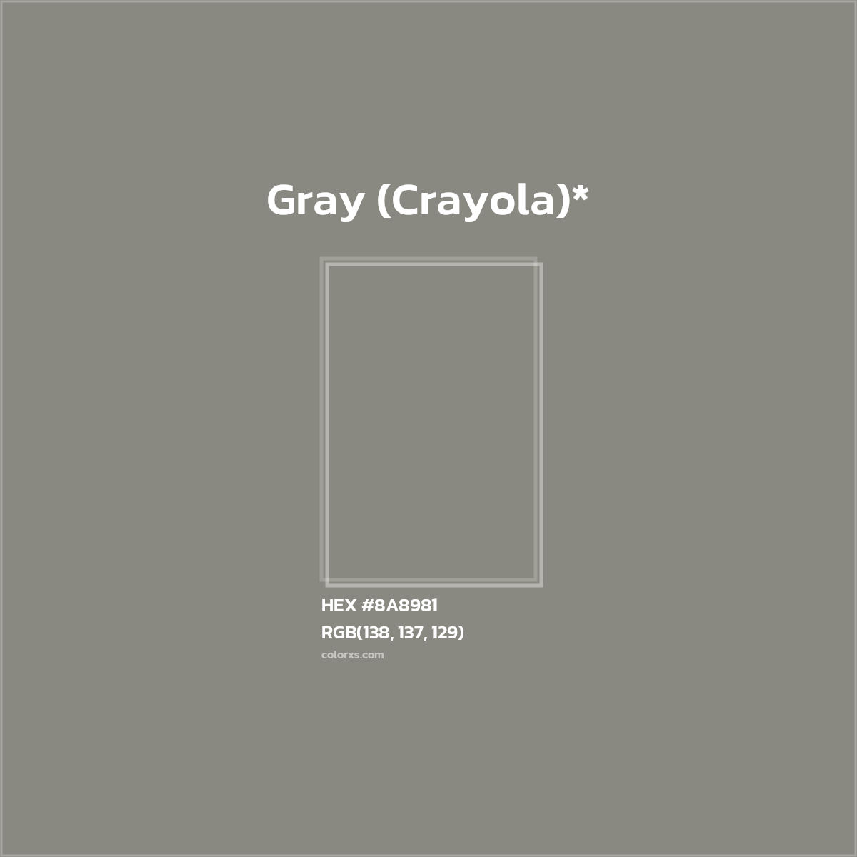 #8A8981 hex color. RGB, RYB, CMYK, HSL, HSV codes and color conversions. Matching color names, palettes, paints.