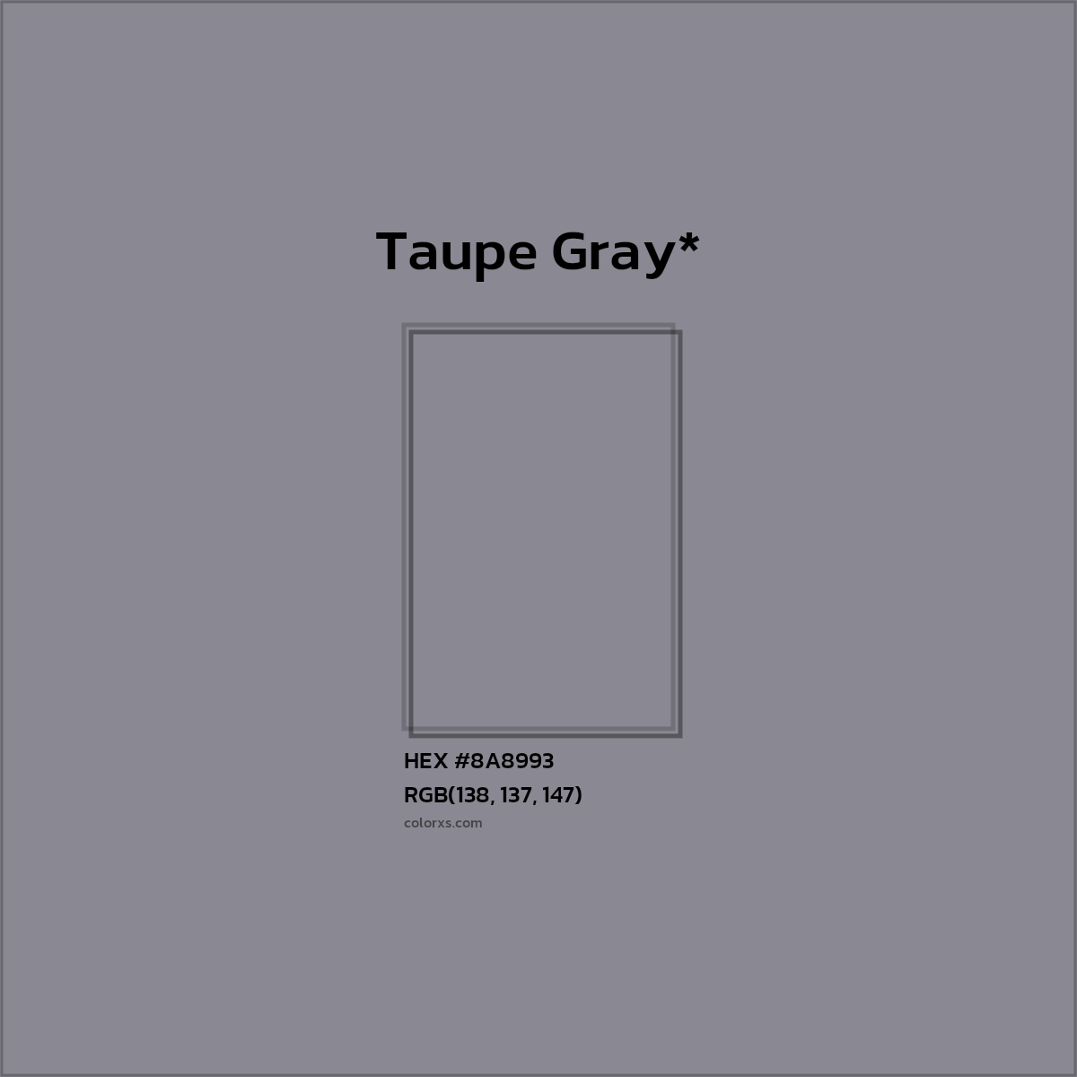 #8A8993 hex color. RGB, RYB, CMYK, HSL, HSV codes and color conversions. Matching color names, palettes, paints.