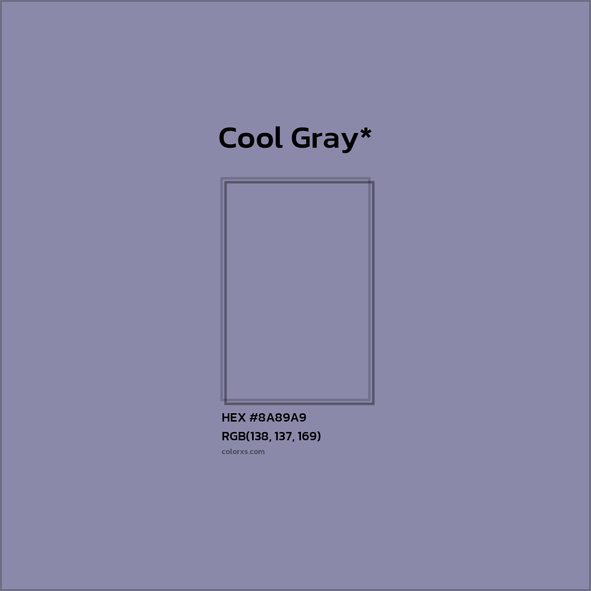 #8A89A9 hex color. RGB, RYB, CMYK, HSL, HSV codes and color conversions. Matching color names, palettes, paints.