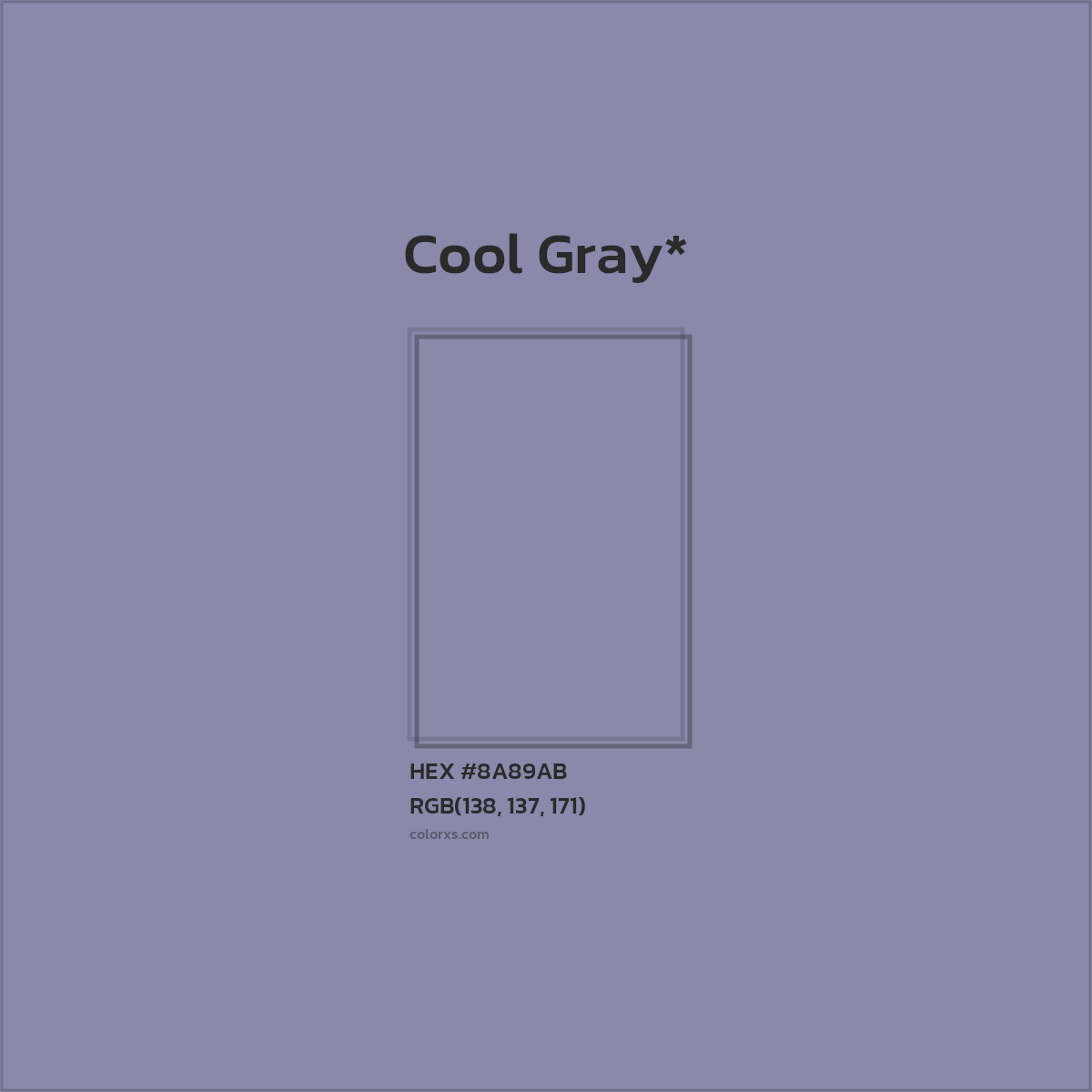 #8A89AB hex color. RGB, RYB, CMYK, HSL, HSV codes and color conversions. Matching color names, palettes, paints.