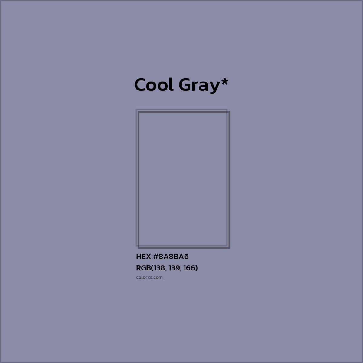 #8A8BA6 hex color. RGB, RYB, CMYK, HSL, HSV codes and color conversions. Matching color names, palettes, paints.