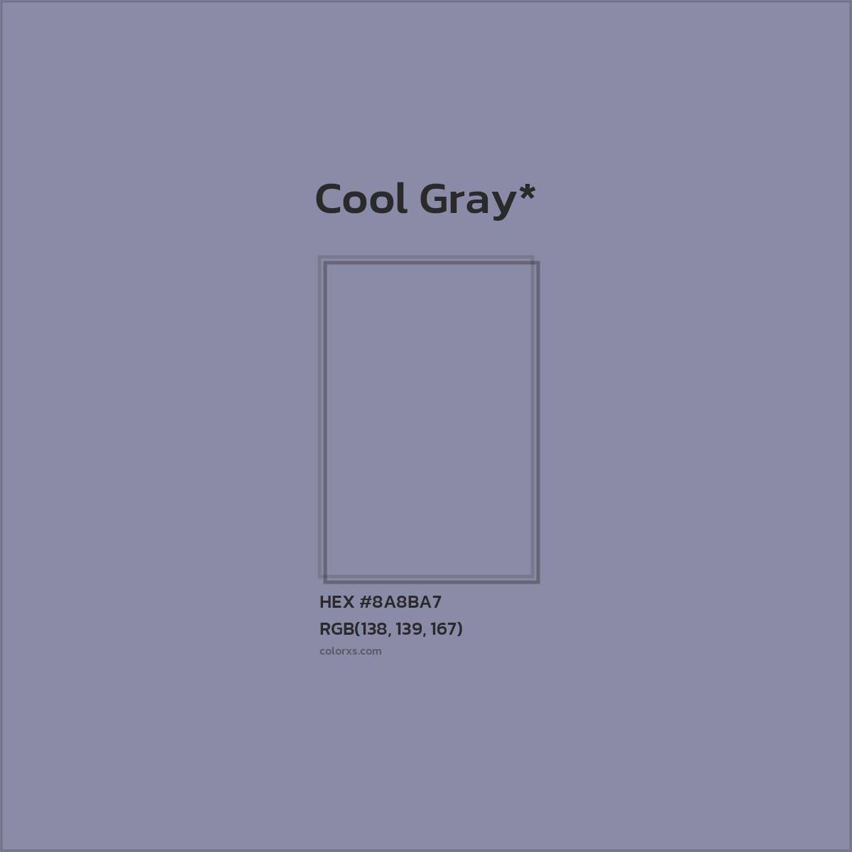 #8A8BA7 hex color. RGB, RYB, CMYK, HSL, HSV codes and color conversions. Matching color names, palettes, paints.