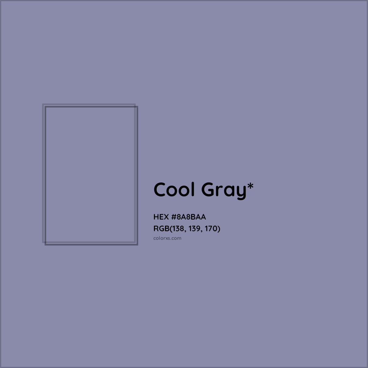 #8A8BAA hex color. RGB, RYB, CMYK, HSL, HSV codes and color conversions. Matching color names, palettes, paints.