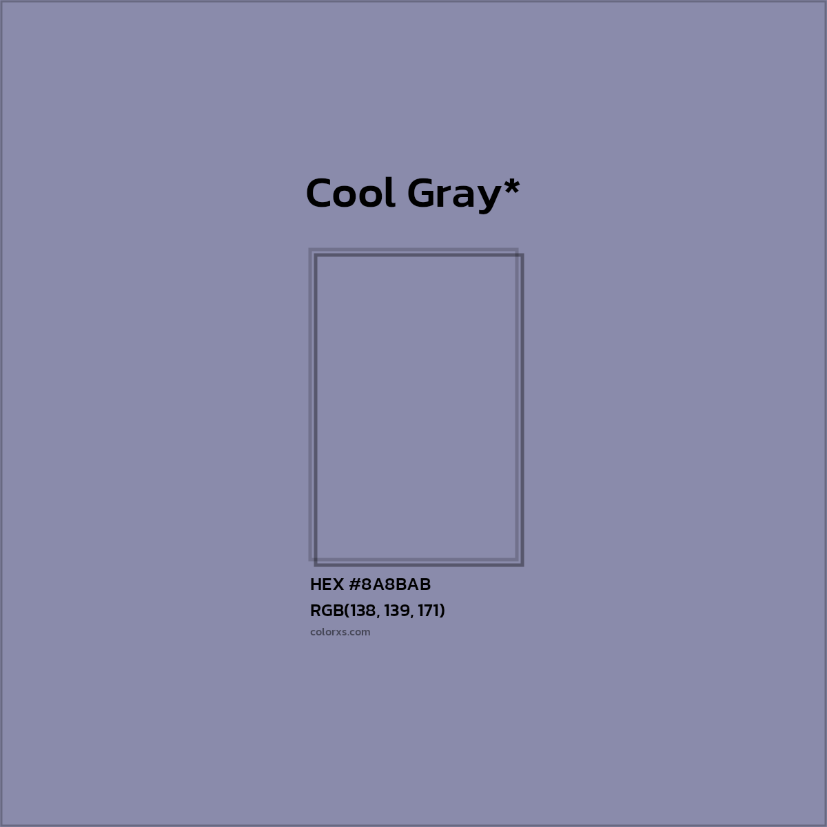 #8A8BAB hex color. RGB, RYB, CMYK, HSL, HSV codes and color conversions. Matching color names, palettes, paints.
