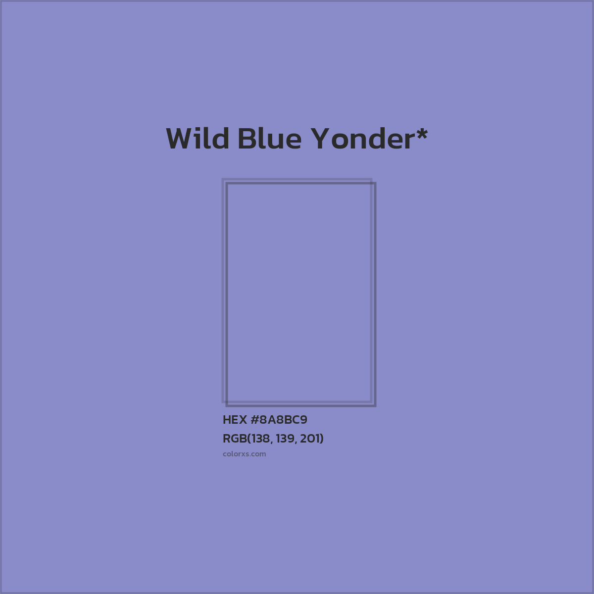 #8A8BC9 hex color. RGB, RYB, CMYK, HSL, HSV codes and color conversions. Matching color names, palettes, paints.