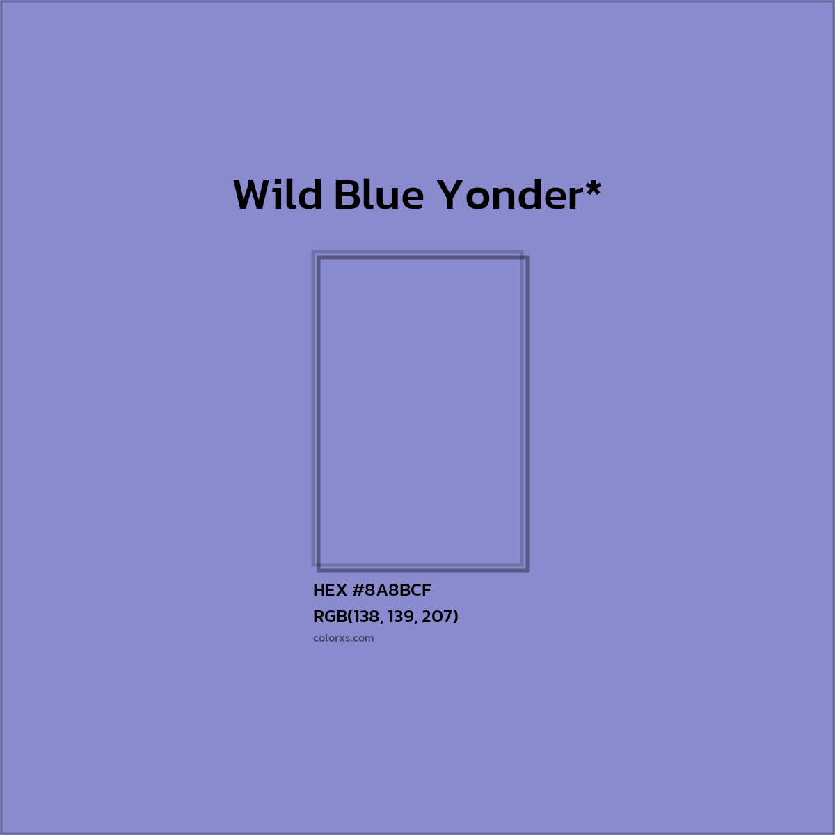#8A8BCF hex color. RGB, RYB, CMYK, HSL, HSV codes and color conversions. Matching color names, palettes, paints.