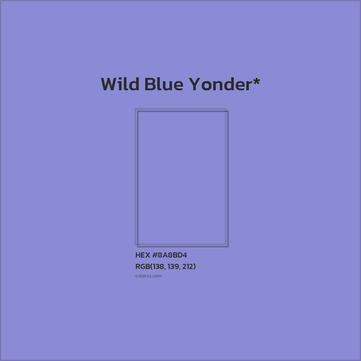 #8A8BD4 hex color. RGB, RYB, CMYK, HSL, HSV codes and color conversions. Matching color names, palettes, paints.