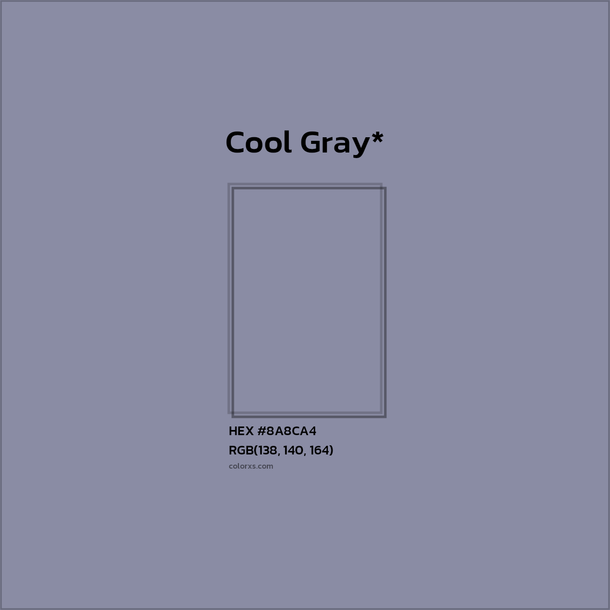 #8A8CA4 hex color. RGB, RYB, CMYK, HSL, HSV codes and color conversions. Matching color names, palettes, paints.
