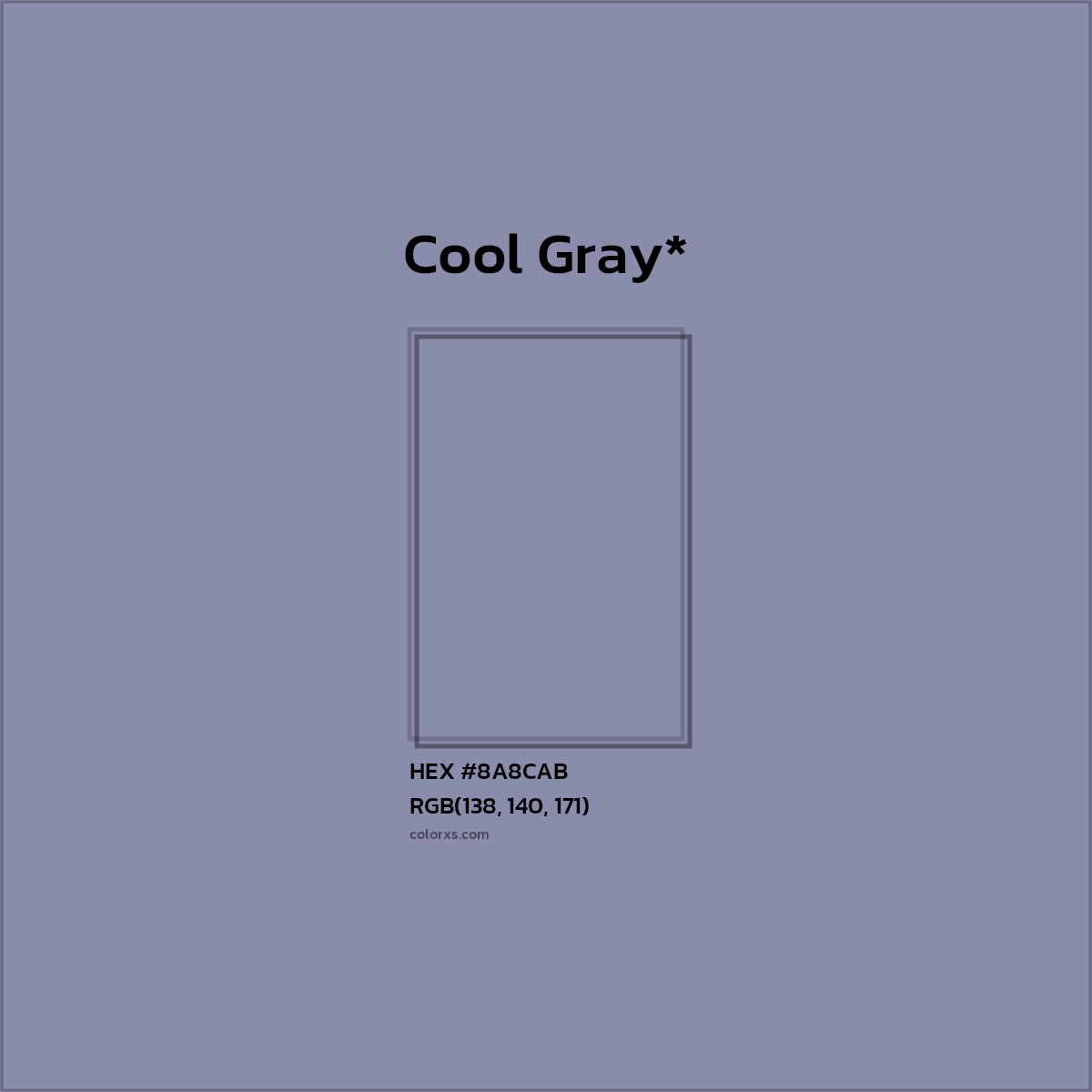 #8A8CAB hex color. RGB, RYB, CMYK, HSL, HSV codes and color conversions. Matching color names, palettes, paints.