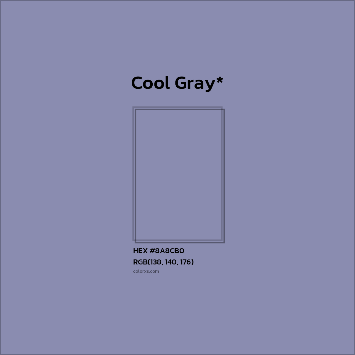 #8A8CB0 hex color. RGB, RYB, CMYK, HSL, HSV codes and color conversions. Matching color names, palettes, paints.