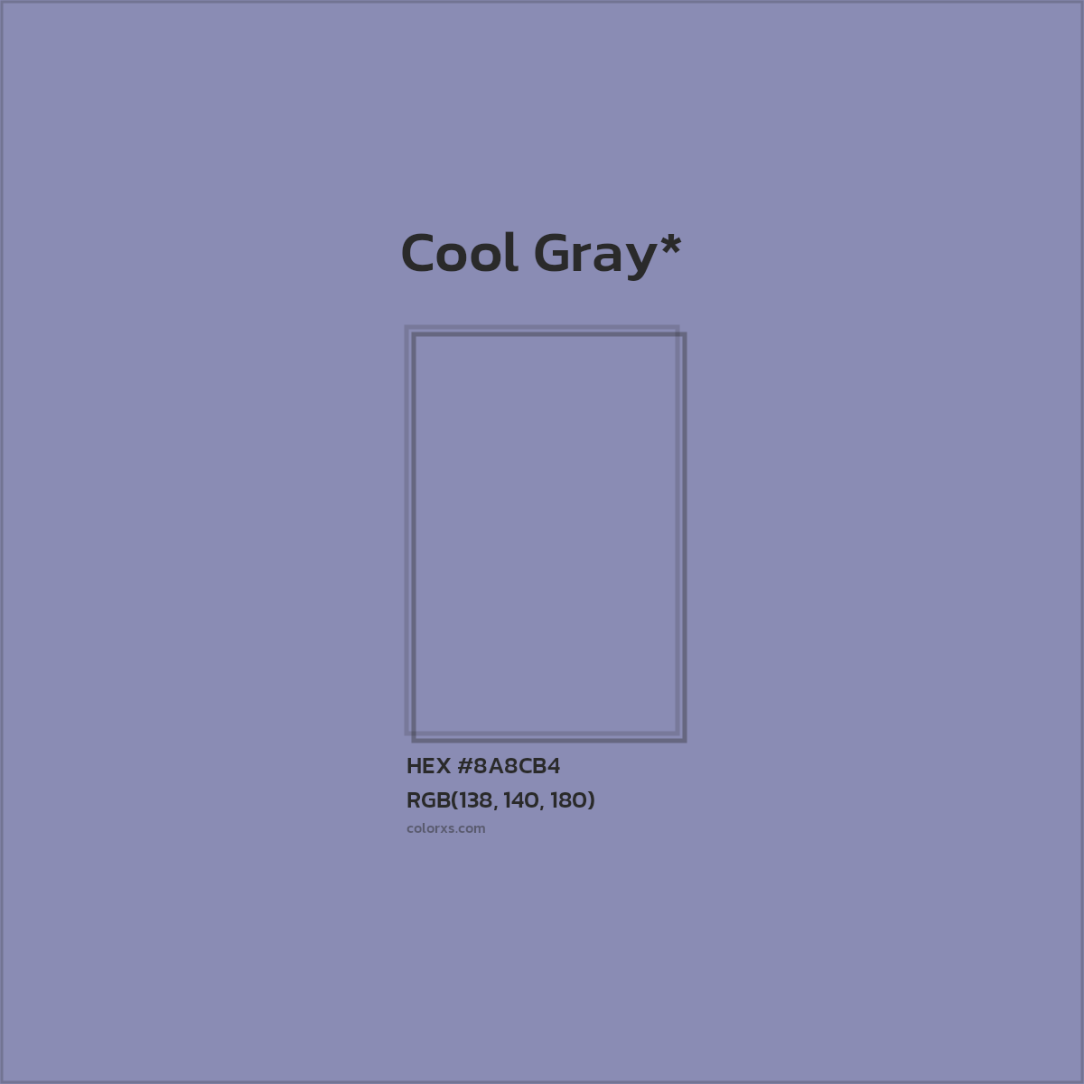 #8A8CB4 hex color. RGB, RYB, CMYK, HSL, HSV codes and color conversions. Matching color names, palettes, paints.
