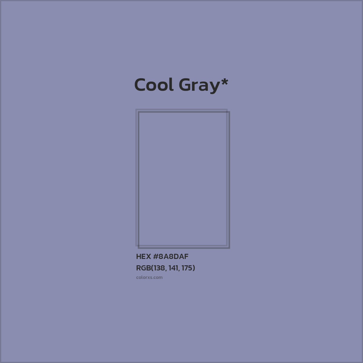 #8A8DAF hex color. RGB, RYB, CMYK, HSL, HSV codes and color conversions. Matching color names, palettes, paints.