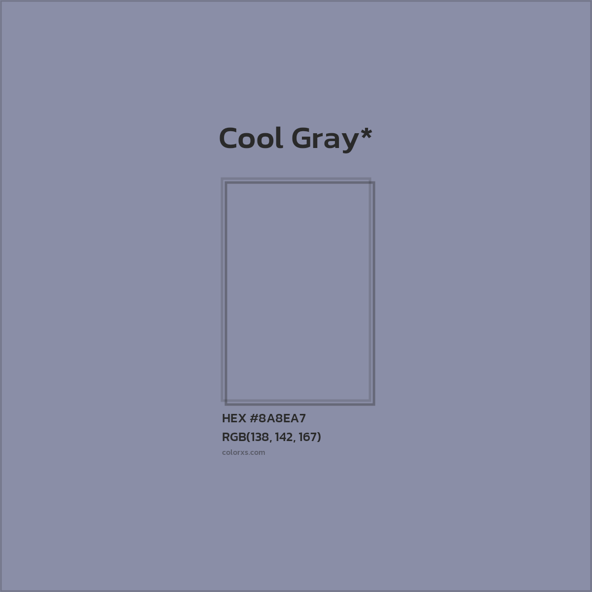 #8A8EA7 hex color. RGB, RYB, CMYK, HSL, HSV codes and color conversions. Matching color names, palettes, paints.