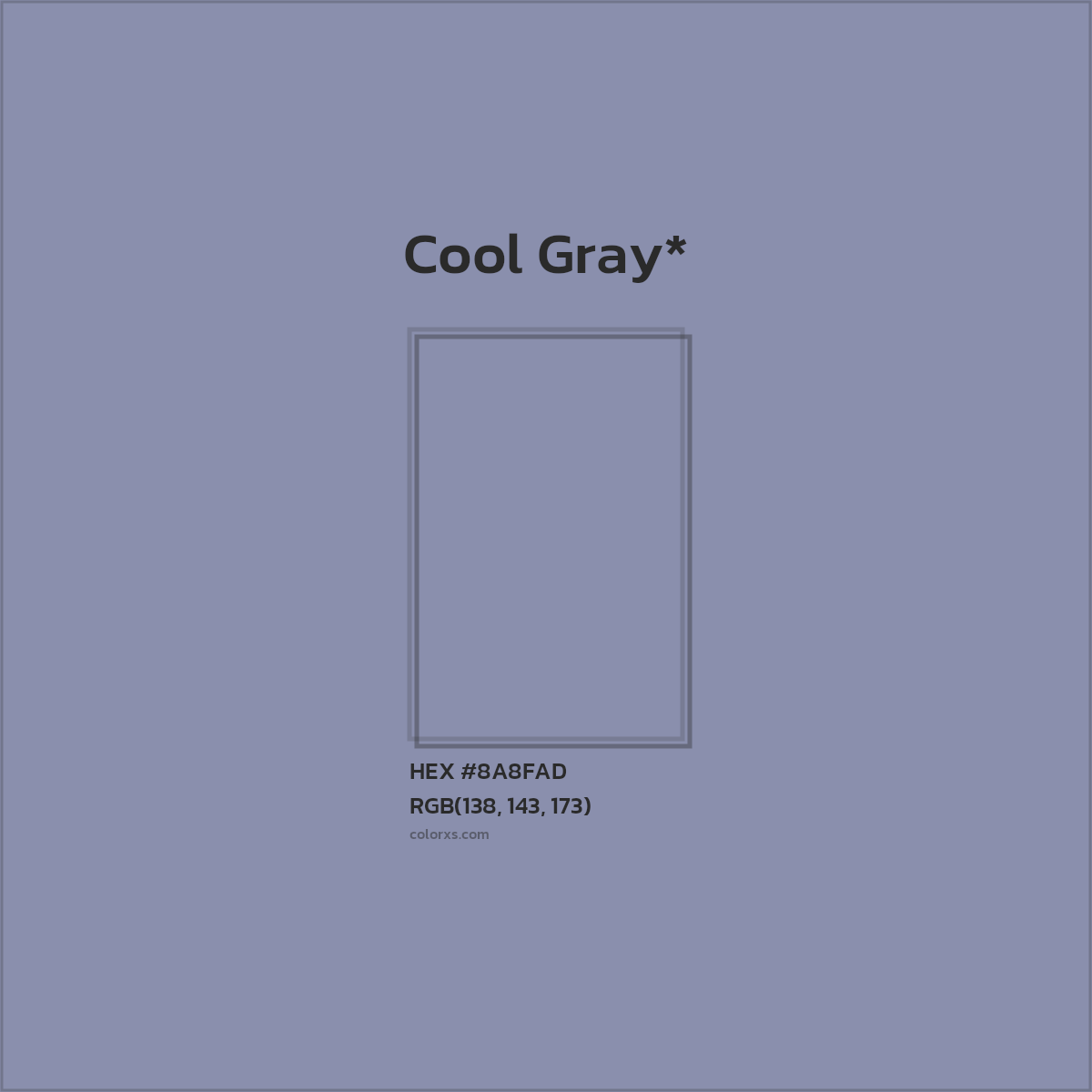 #8A8FAD hex color. RGB, RYB, CMYK, HSL, HSV codes and color conversions. Matching color names, palettes, paints.