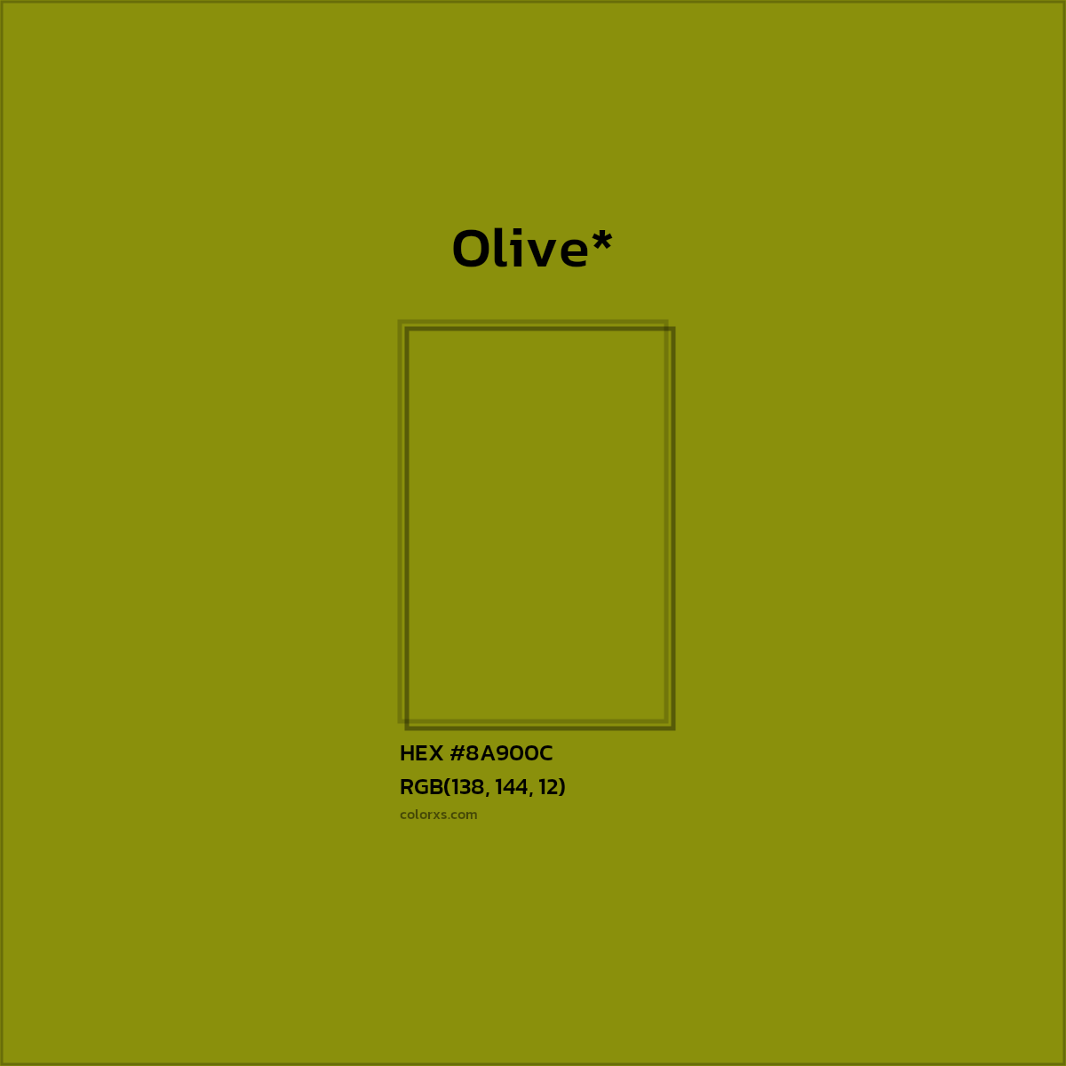 #8A900C hex color. RGB, RYB, CMYK, HSL, HSV codes and color conversions. Matching color names, palettes, paints.