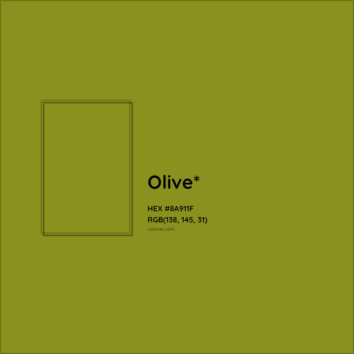 #8A911F hex color. RGB, RYB, CMYK, HSL, HSV codes and color conversions. Matching color names, palettes, paints.