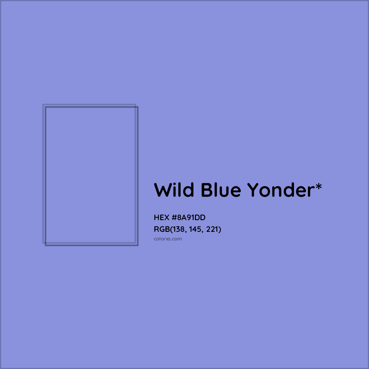 #8A91DD hex color. RGB, RYB, CMYK, HSL, HSV codes and color conversions. Matching color names, palettes, paints.