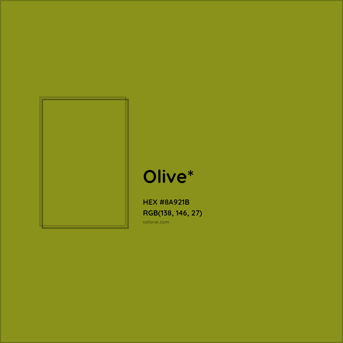 #8A921B hex color. RGB, RYB, CMYK, HSL, HSV codes and color conversions. Matching color names, palettes, paints.