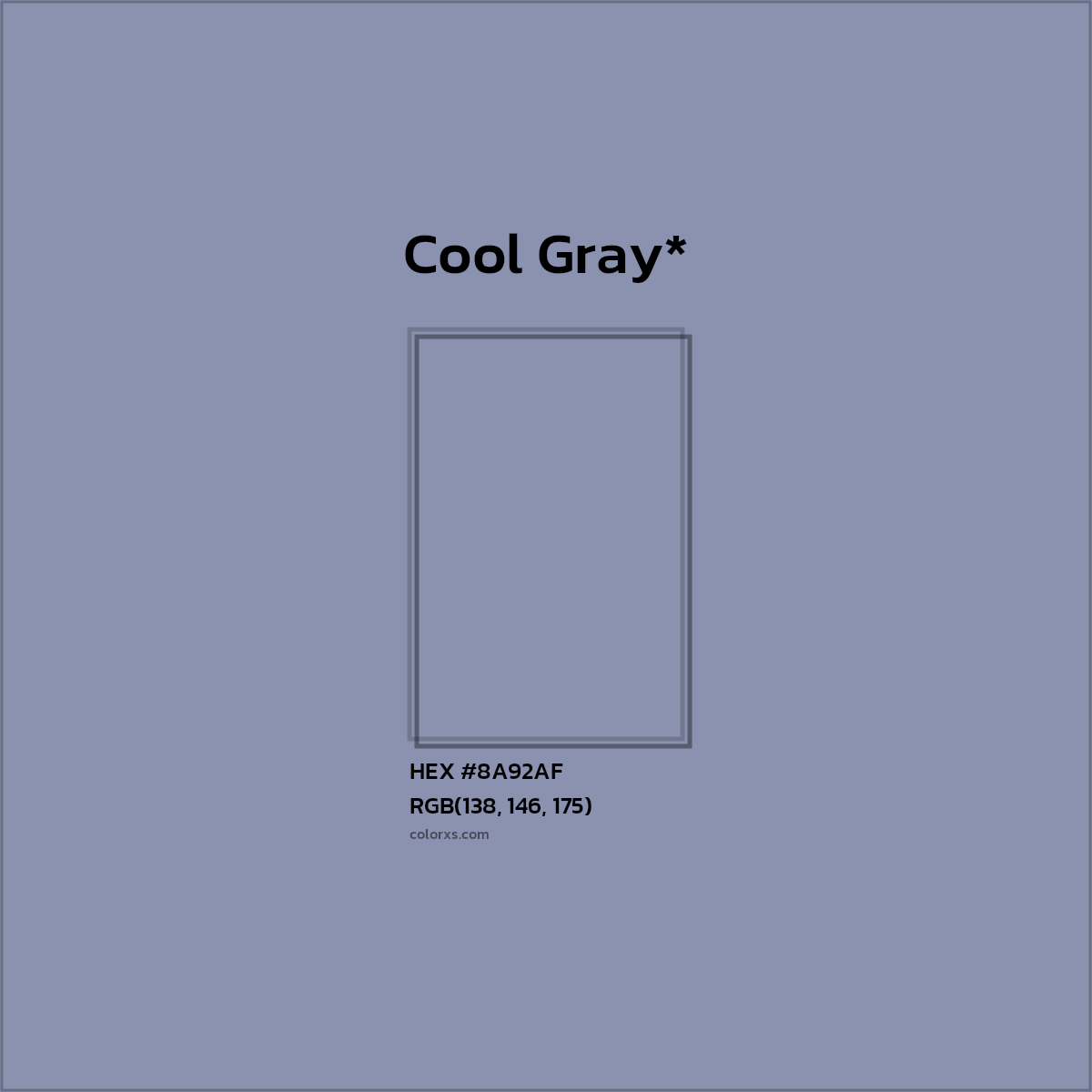 #8A92AF hex color. RGB, RYB, CMYK, HSL, HSV codes and color conversions. Matching color names, palettes, paints.