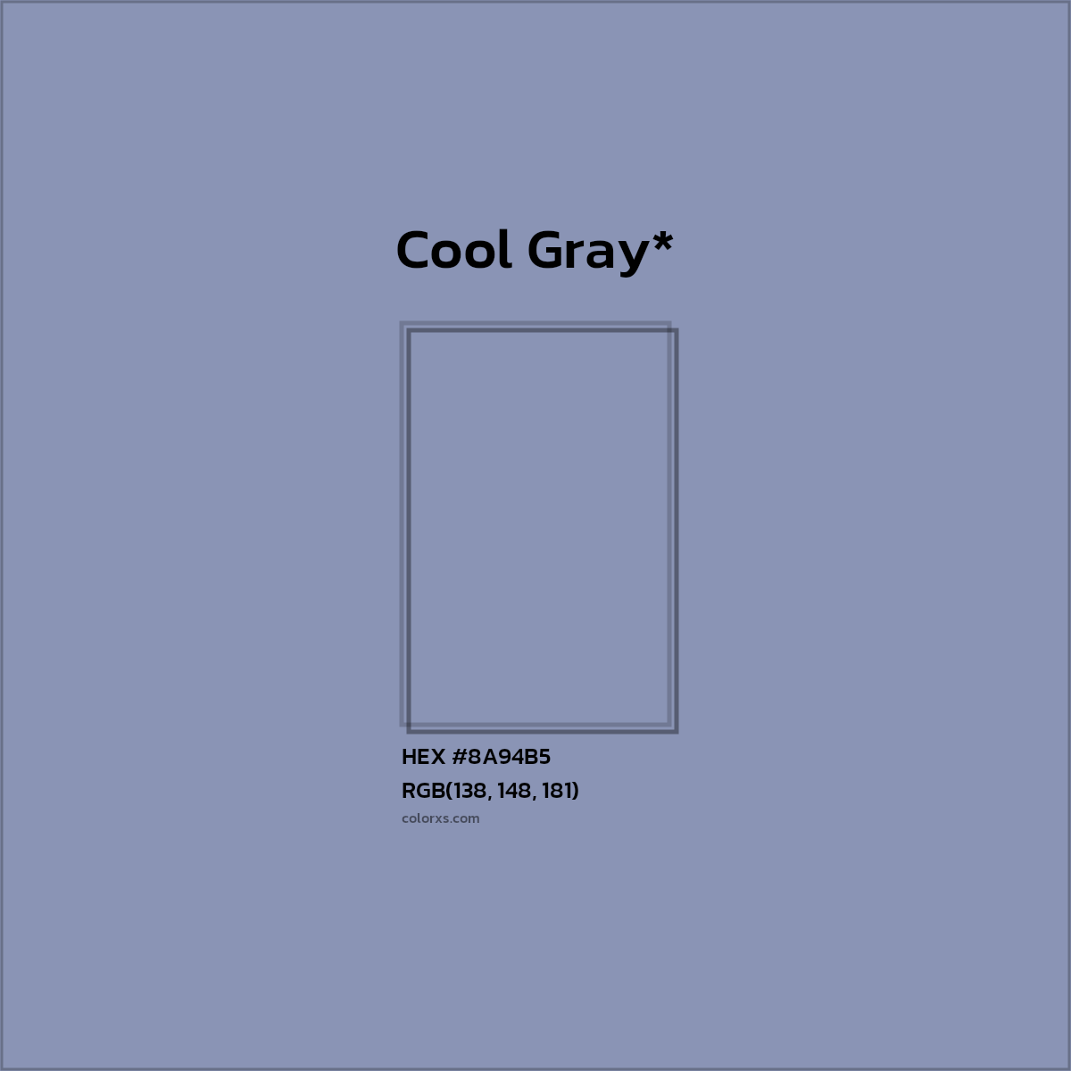 #8A94B5 hex color. RGB, RYB, CMYK, HSL, HSV codes and color conversions. Matching color names, palettes, paints.