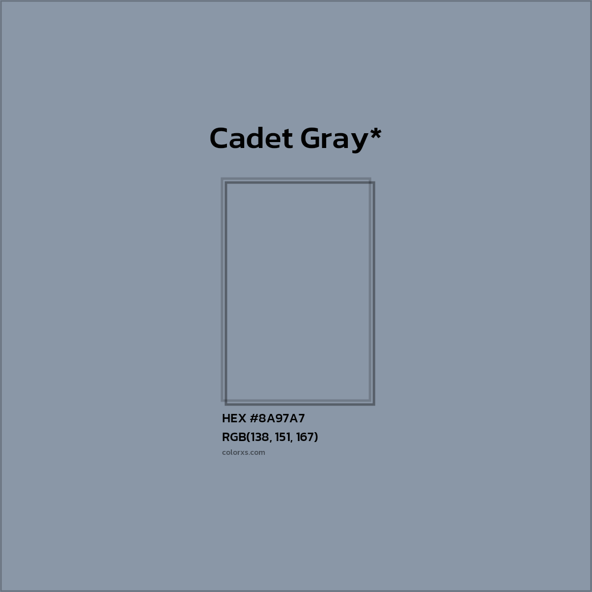 #8A97A7 hex color. RGB, RYB, CMYK, HSL, HSV codes and color conversions. Matching color names, palettes, paints.