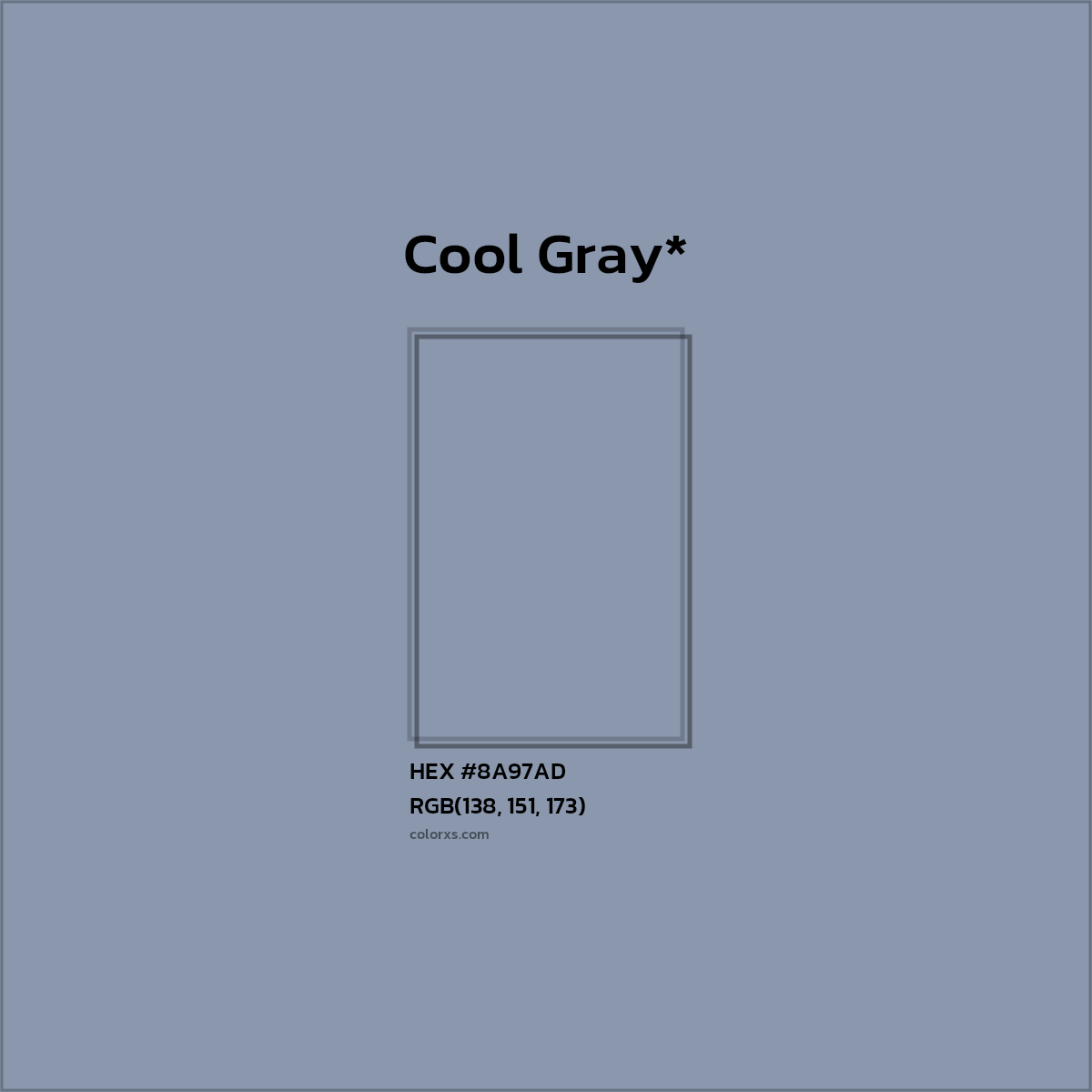 #8A97AD hex color. RGB, RYB, CMYK, HSL, HSV codes and color conversions. Matching color names, palettes, paints.