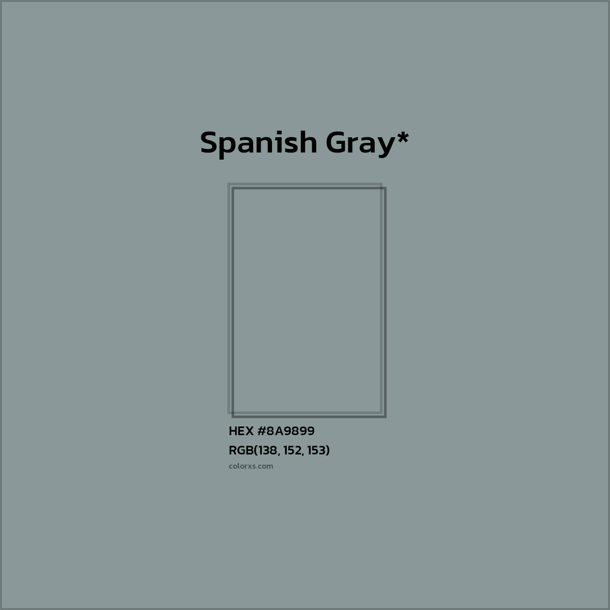 #8A9899 hex color. RGB, RYB, CMYK, HSL, HSV codes and color conversions. Matching color names, palettes, paints.