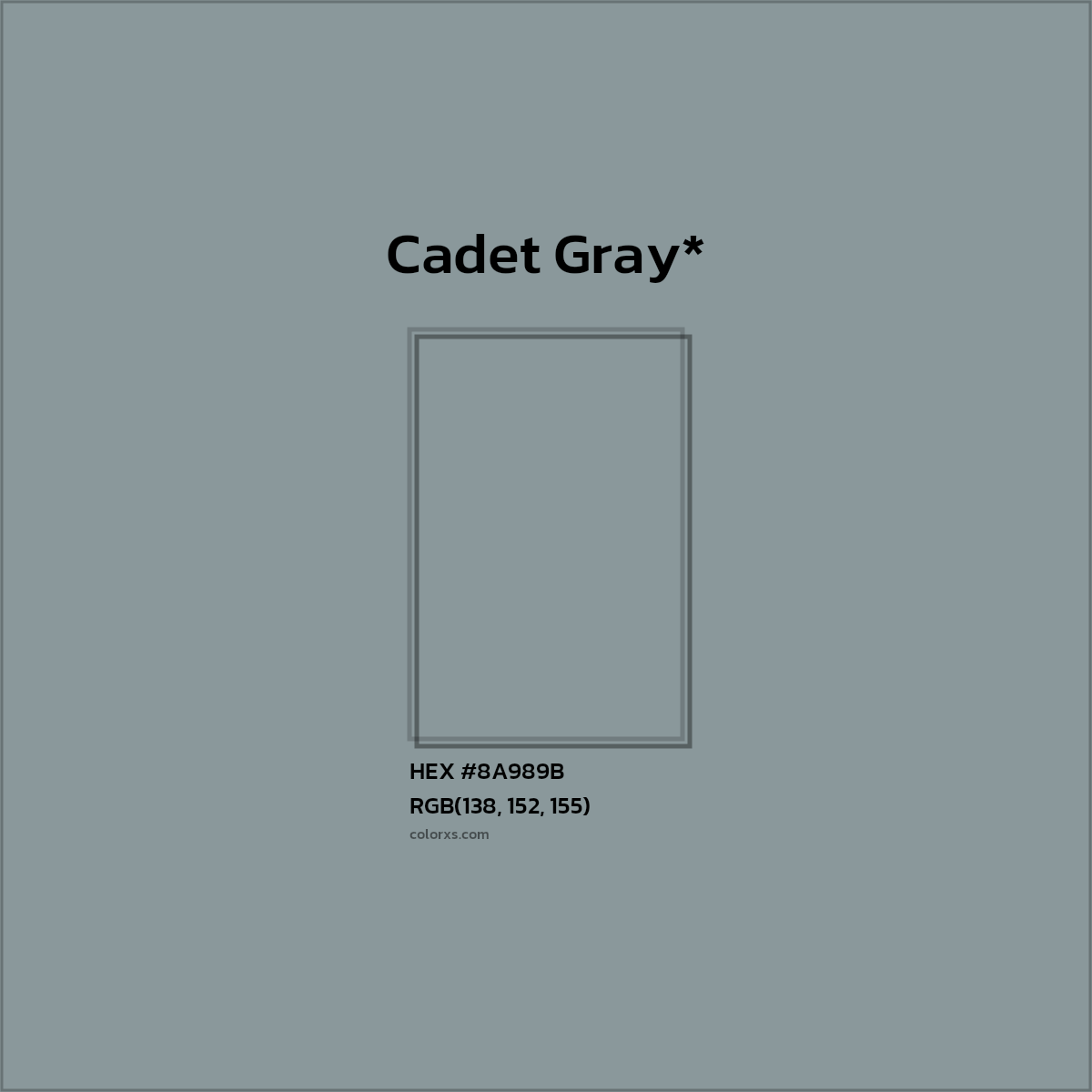 #8A989B hex color. RGB, RYB, CMYK, HSL, HSV codes and color conversions. Matching color names, palettes, paints.