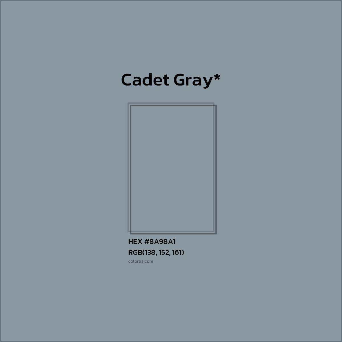 #8A98A1 hex color. RGB, RYB, CMYK, HSL, HSV codes and color conversions. Matching color names, palettes, paints.