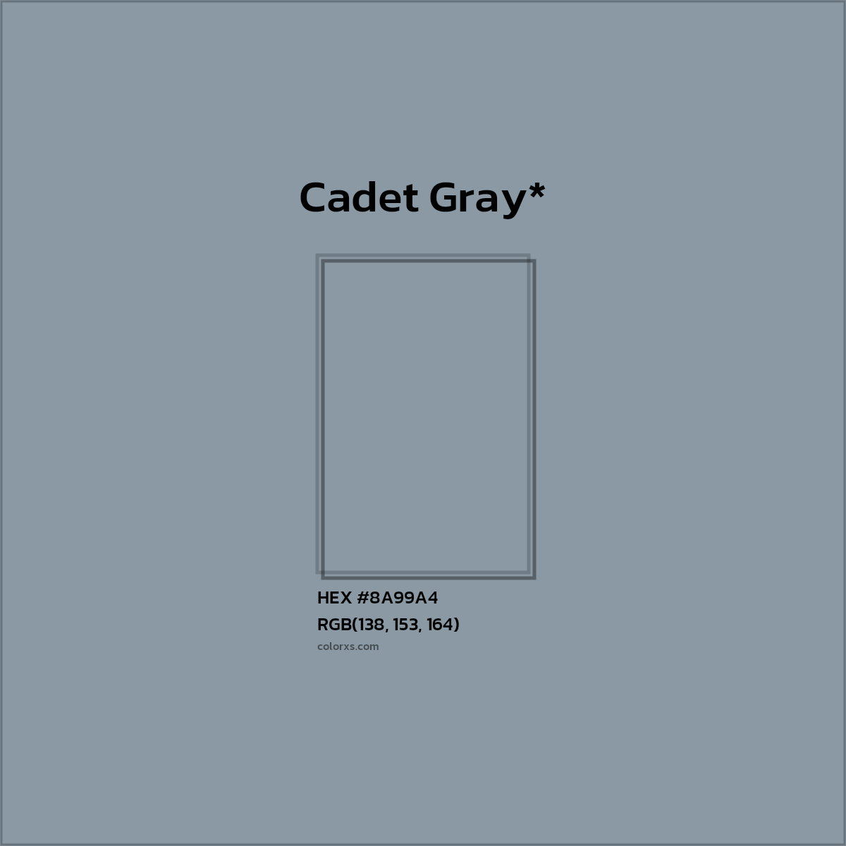#8A99A4 hex color. RGB, RYB, CMYK, HSL, HSV codes and color conversions. Matching color names, palettes, paints.