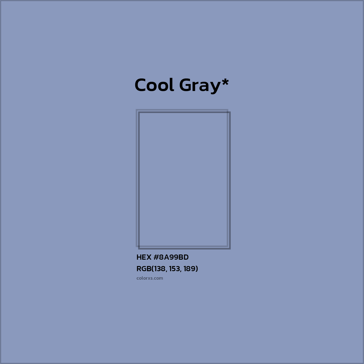 #8A99BD hex color. RGB, RYB, CMYK, HSL, HSV codes and color conversions. Matching color names, palettes, paints.