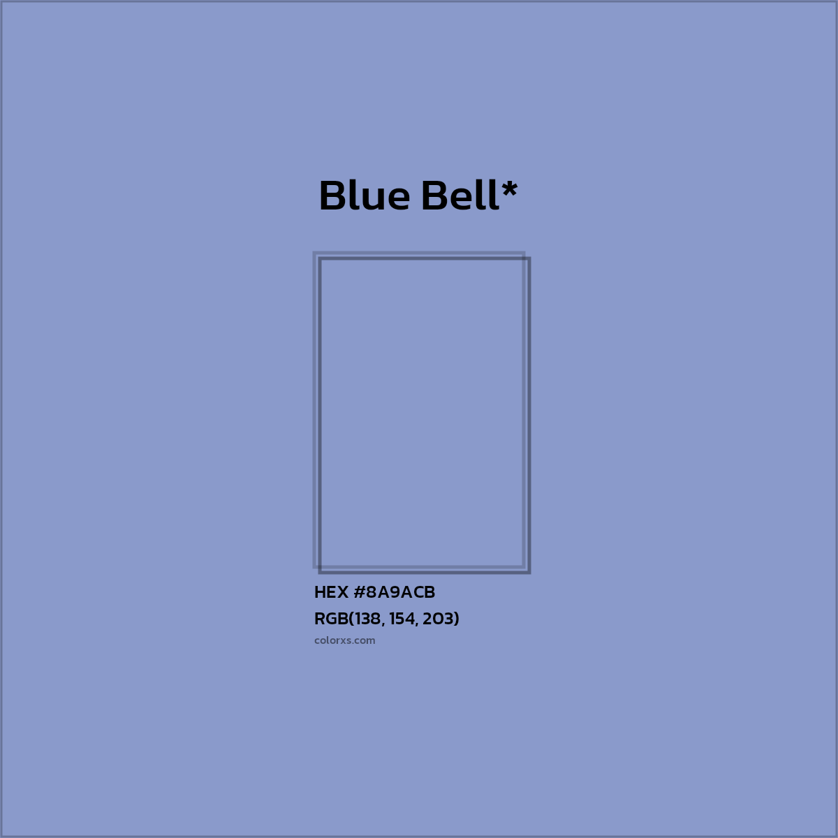 #8A9ACB hex color. RGB, RYB, CMYK, HSL, HSV codes and color conversions. Matching color names, palettes, paints.