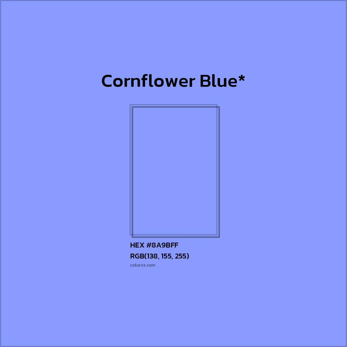 #8A9BFF hex color. RGB, RYB, CMYK, HSL, HSV codes and color conversions. Matching color names, palettes, paints.