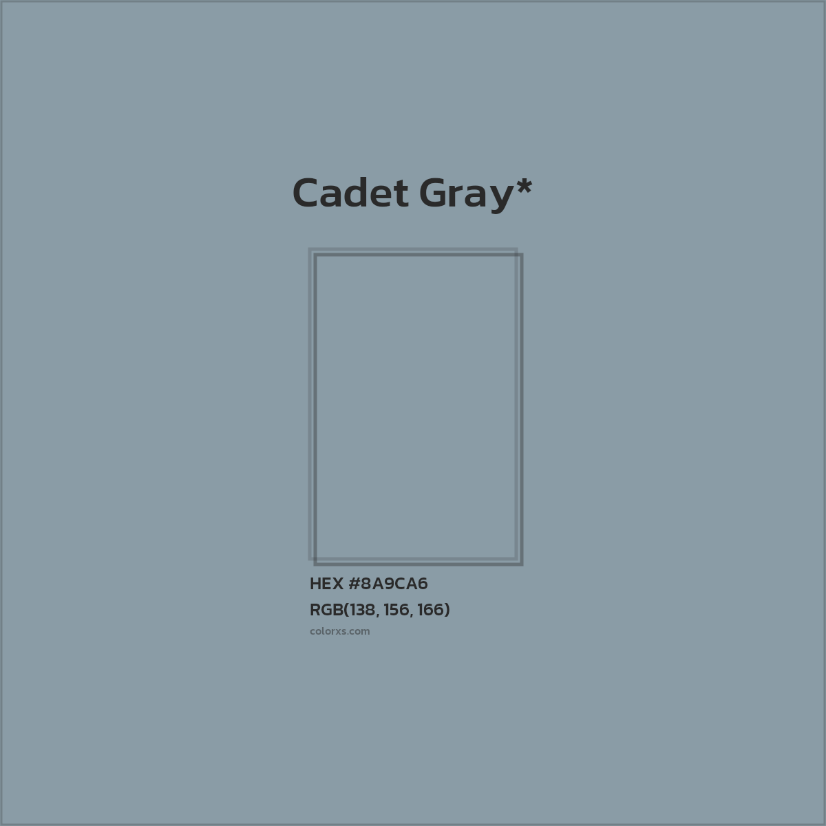 #8A9CA6 hex color. RGB, RYB, CMYK, HSL, HSV codes and color conversions. Matching color names, palettes, paints.