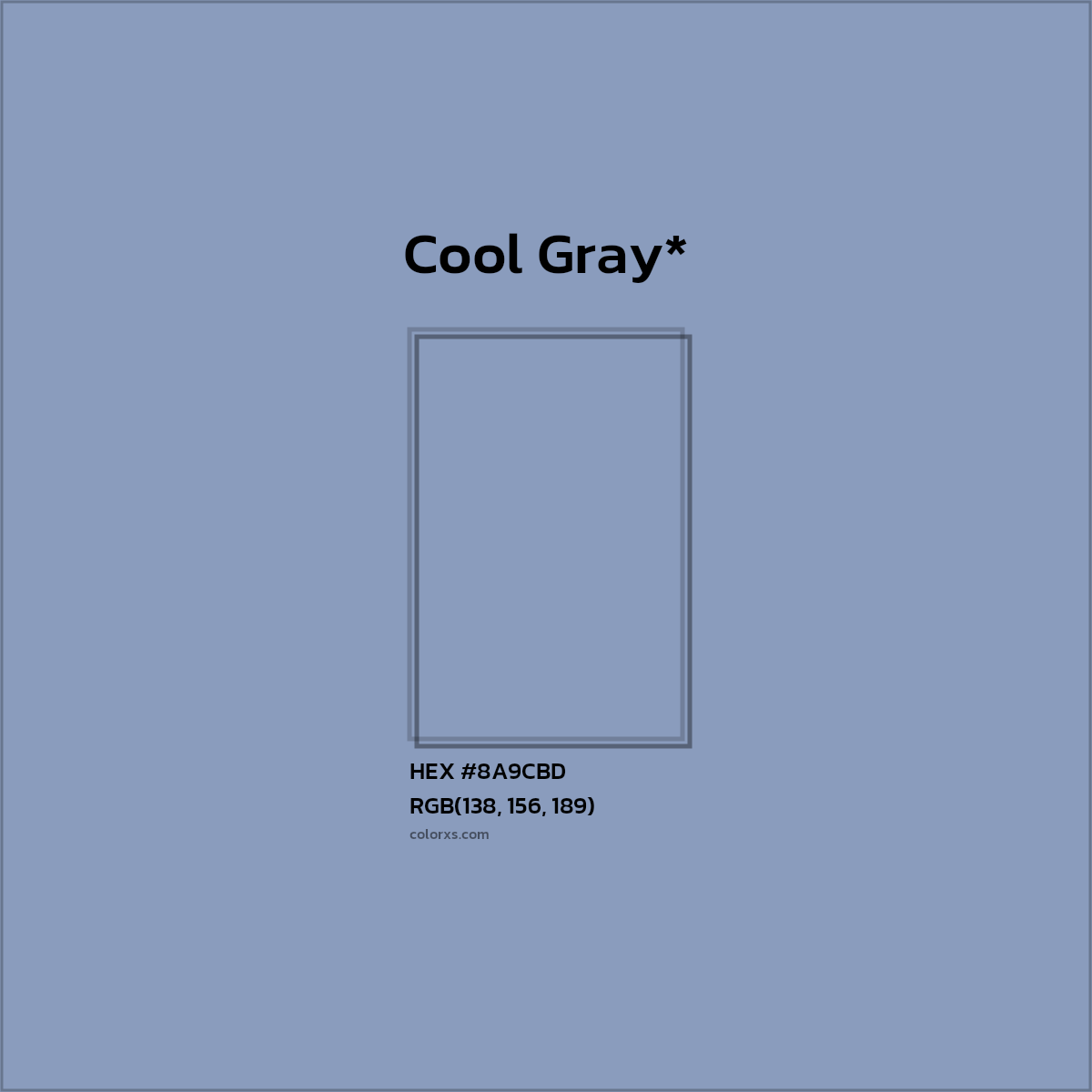 #8A9CBD hex color. RGB, RYB, CMYK, HSL, HSV codes and color conversions. Matching color names, palettes, paints.