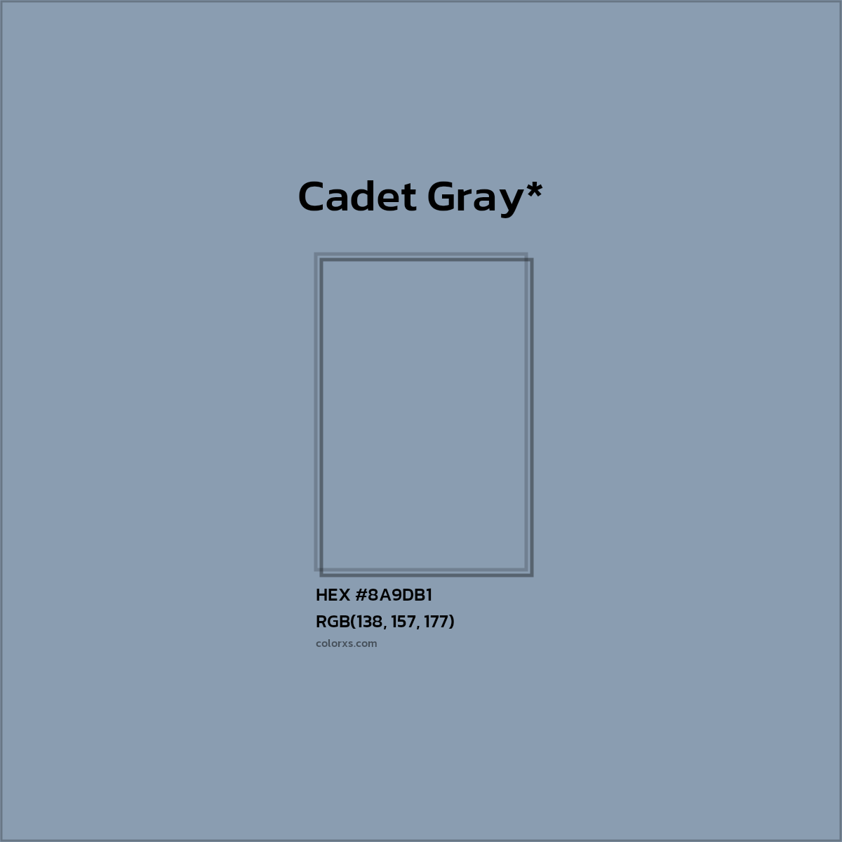 #8A9DB1 hex color. RGB, RYB, CMYK, HSL, HSV codes and color conversions. Matching color names, palettes, paints.
