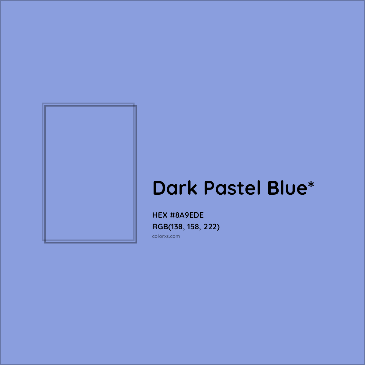 #8A9EDE hex color. RGB, RYB, CMYK, HSL, HSV codes and color conversions. Matching color names, palettes, paints.