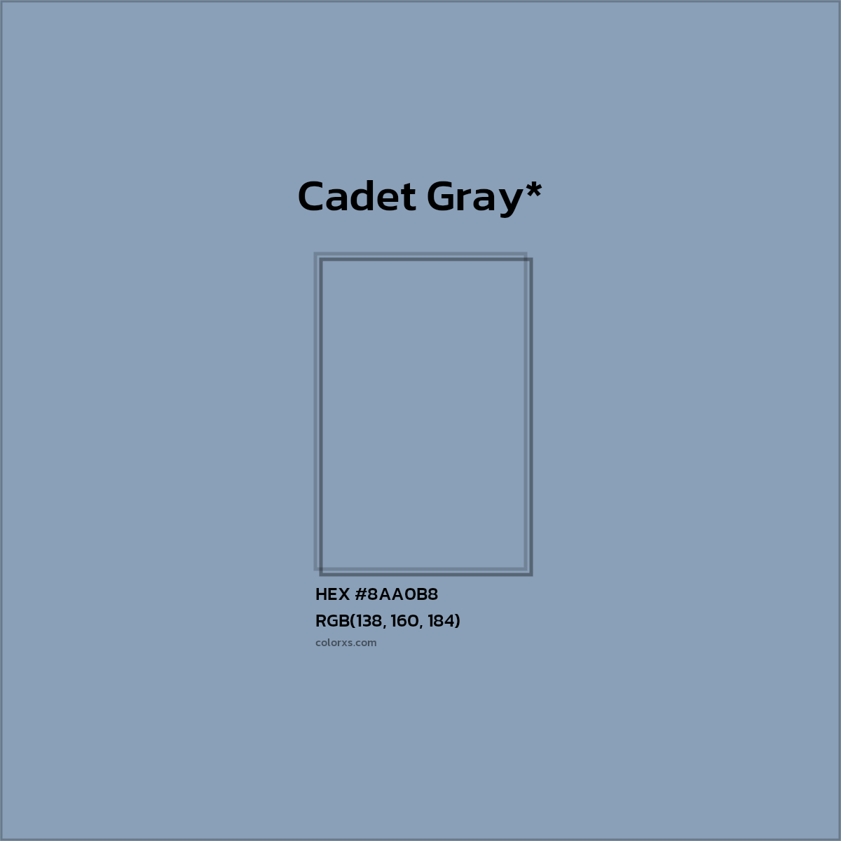 #8AA0B8 hex color. RGB, RYB, CMYK, HSL, HSV codes and color conversions. Matching color names, palettes, paints.