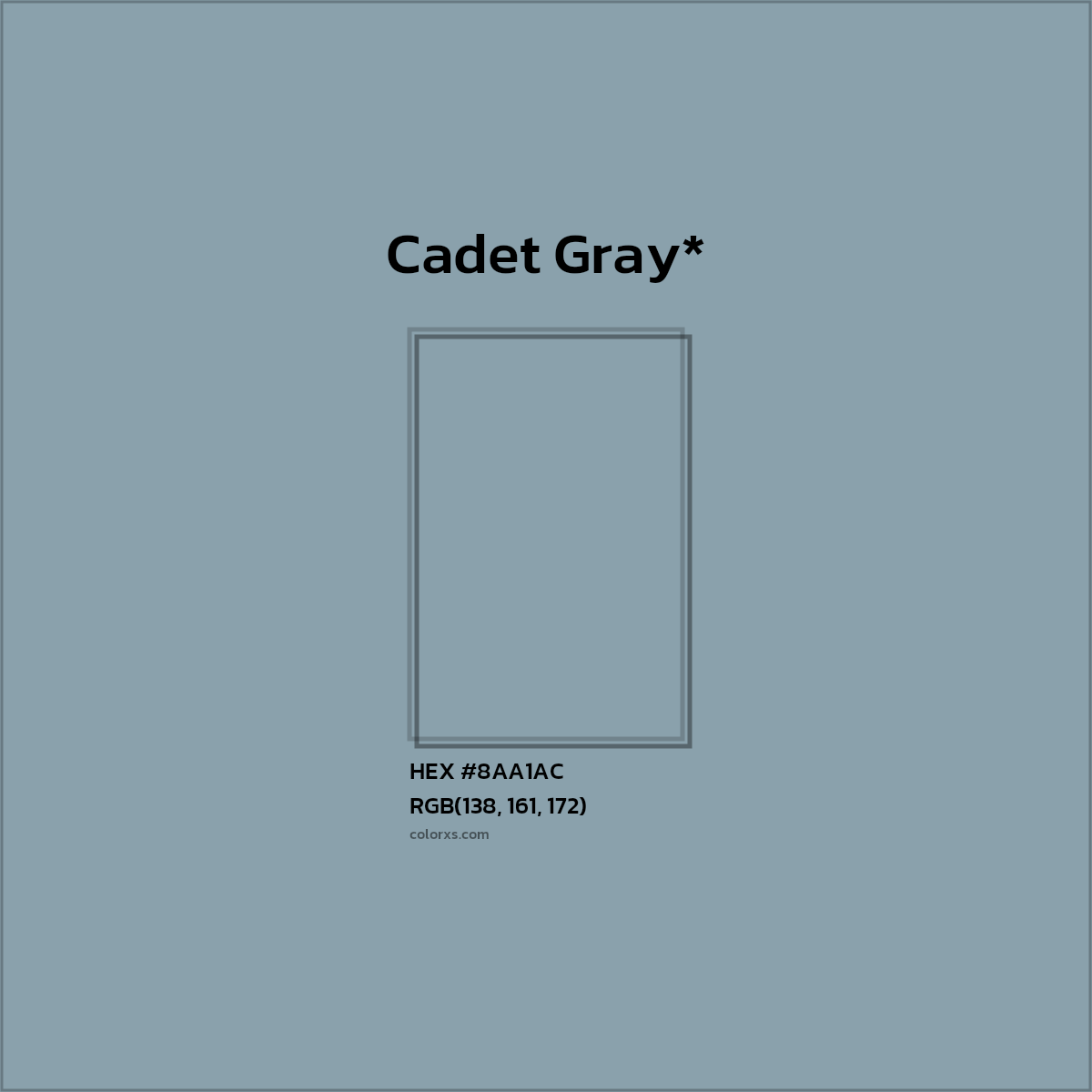 #8AA1AC hex color. RGB, RYB, CMYK, HSL, HSV codes and color conversions. Matching color names, palettes, paints.